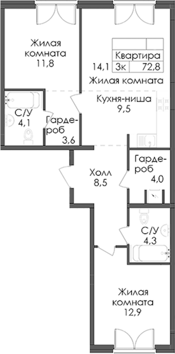 2-комнатная квартира 72.8 м², 5/9 эт., ЖК «Лермонтовский 54»